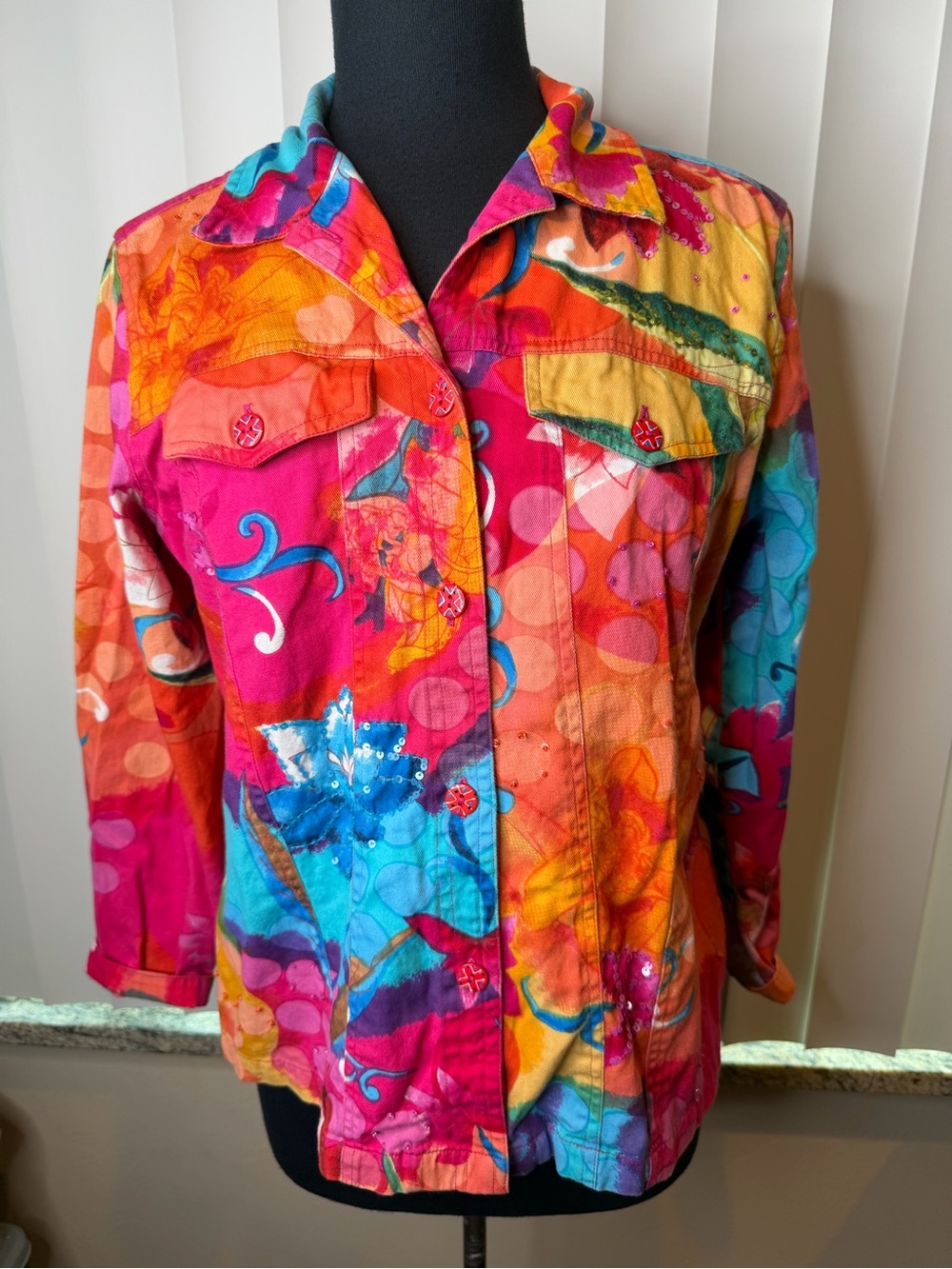 Choices Vibrant Multi-Color Floral Button-Front Art to Wear Jacket SZ Large